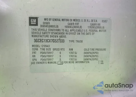 2007 Chevrolet Silverado 1500 Lt1 z USA, uszkodzony, nr VIN 3GCEC13CX7G527333